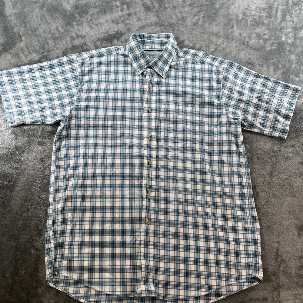 L.L.Bean Traditional Fit Plaid Button Down Shirt Blue and Green Men's Large REG‎